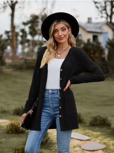 Women’s Longline Ribbed Button Cardigan