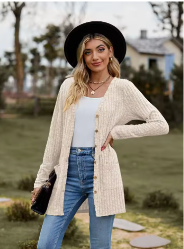 Women’s Longline Ribbed Button Cardigan