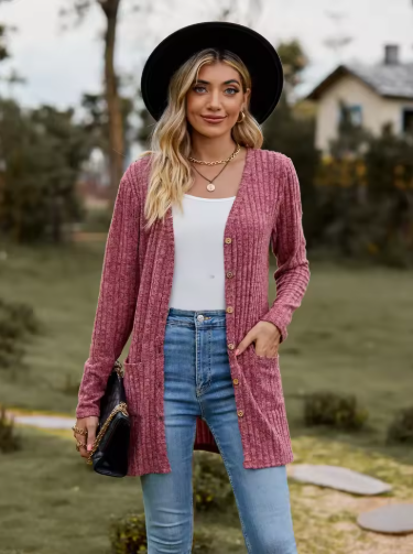 Women’s Longline Ribbed Button Cardigan