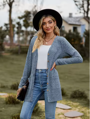 Women’s Longline Ribbed Button Cardigan
