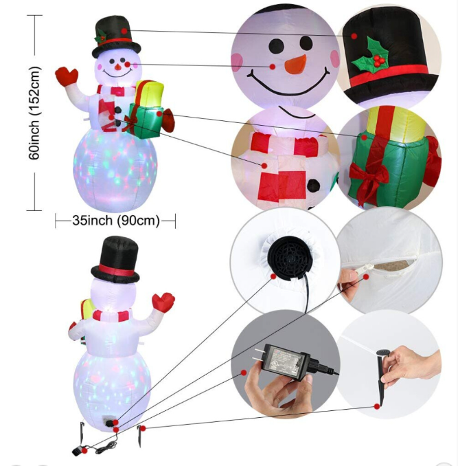 1.5m Christmas Inflatables Snowman with Rotating Lights