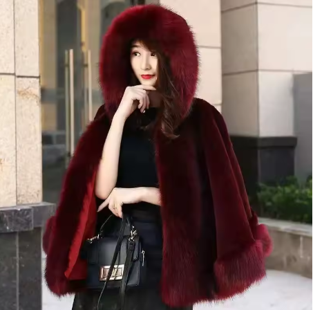 Women’s Luxury Faux Fur Hooded Cape