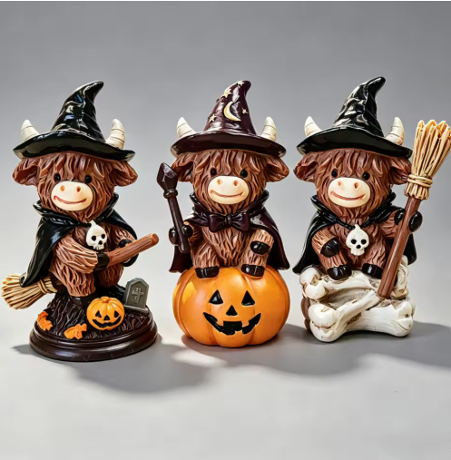 3-Piece Halloween Highland Cow Witch Figurine Set