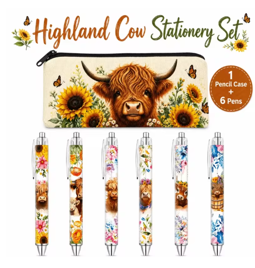 Highland Cow Stationery Set – Pencil Case & 6 Pens