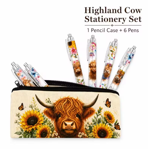 Highland Cow Stationery Set – Pencil Case & 6 Pens