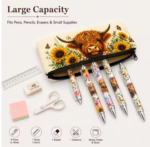 Highland Cow Stationery Set – Pencil Case & 6 Pens
