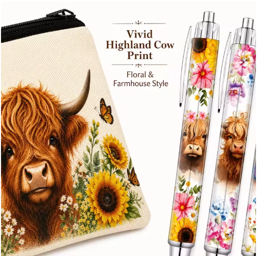 Highland Cow Stationery Set – Pencil Case & 6 Pens