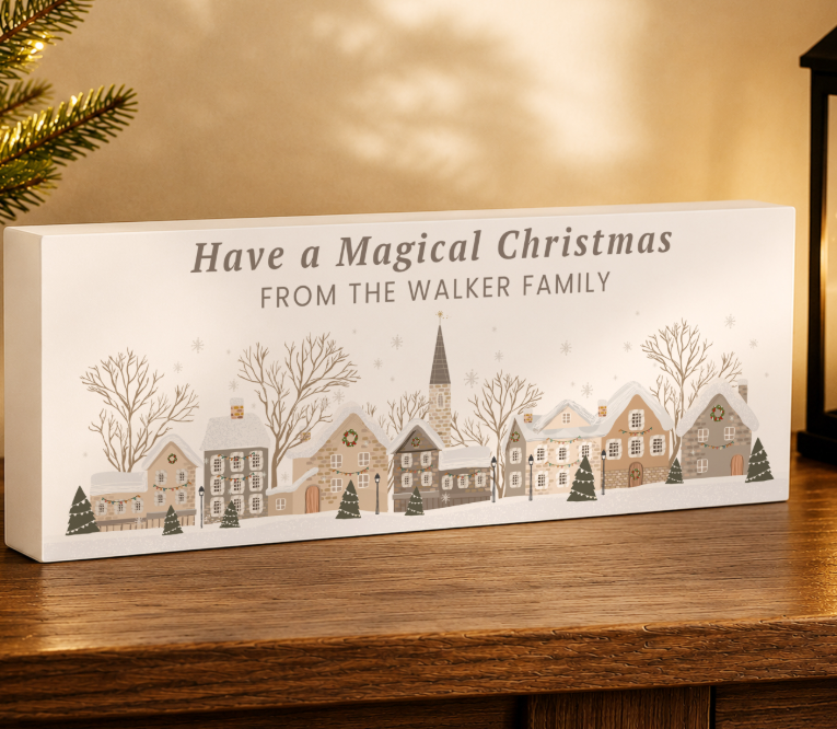 Personalised Christmas House Scene Wooden Mantle Block