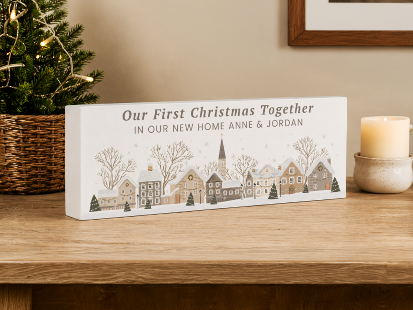 Personalised Christmas House Scene Wooden Mantle Block