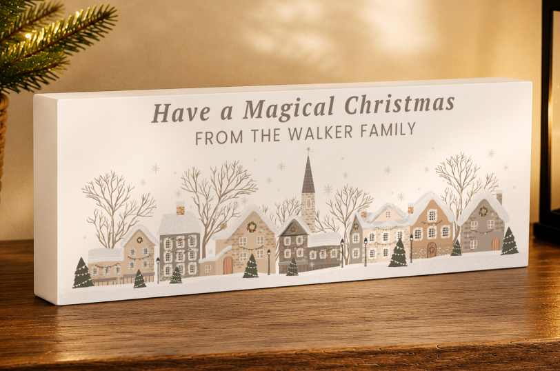 Personalised Christmas House Scene Wooden Mantle Block