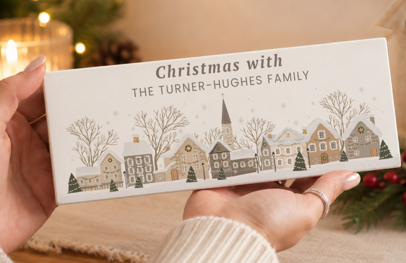 Personalised Christmas House Scene Wooden Mantle Block