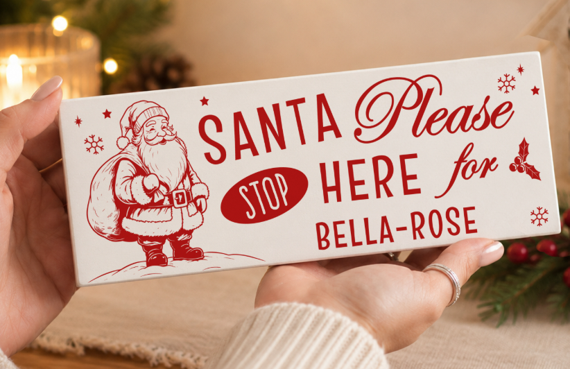 Personalised Santa Stop Here Wooden Mantle Block