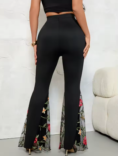 Floral Mesh Split Flared Trousers