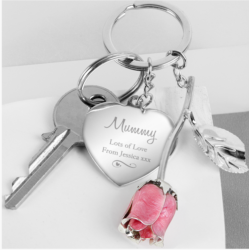 Personalised Silver-Plated Pink Rose Heart Keyring