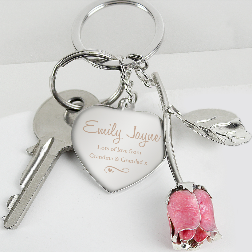 Personalised Silver-Plated Pink Rose Heart Keyring