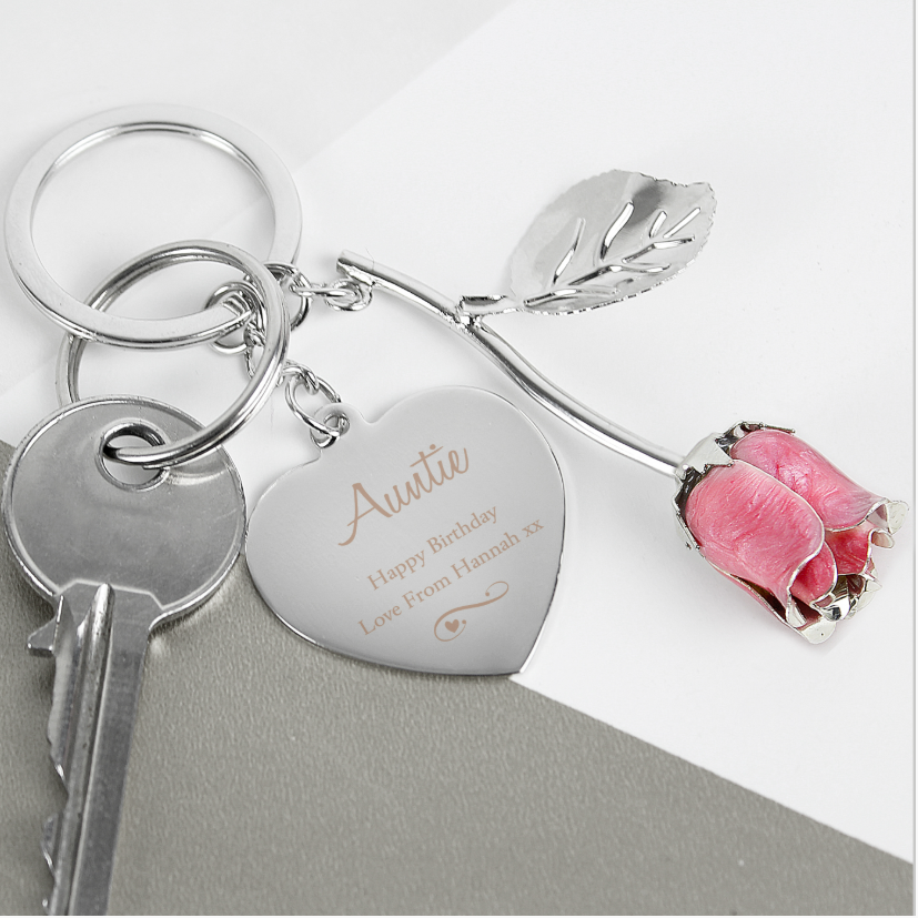 Personalised Silver-Plated Pink Rose Heart Keyring