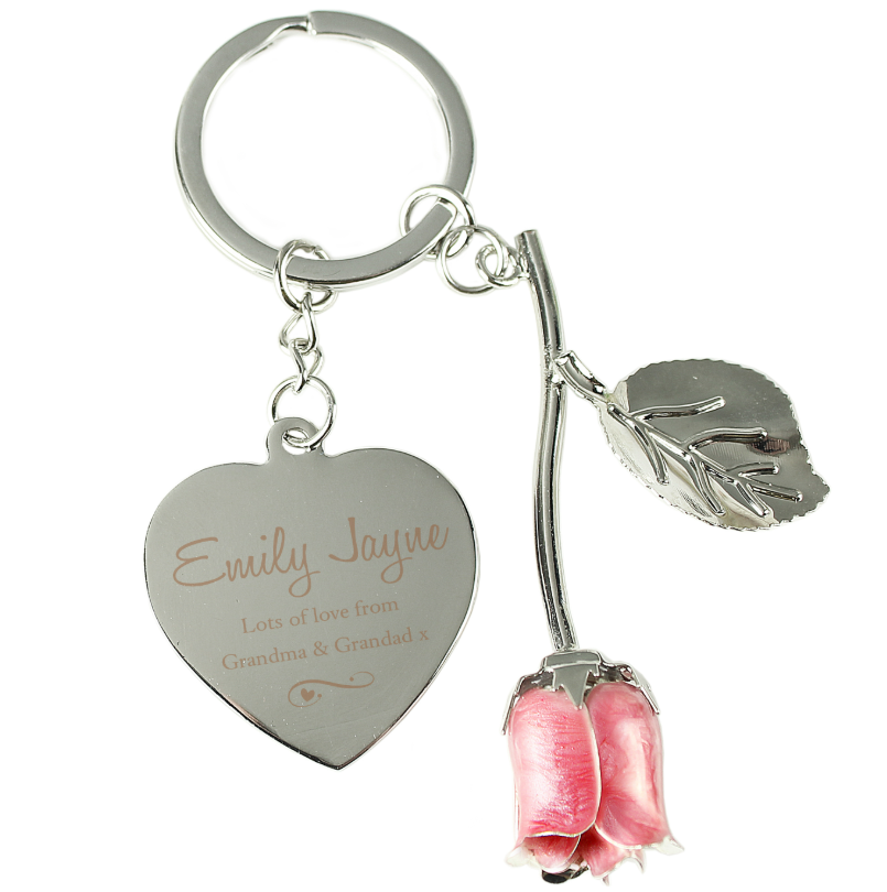 Personalised Silver-Plated Pink Rose Heart Keyring
