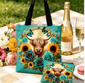 Highland Cow Turquoise Tote & Cosmetic Bag Set