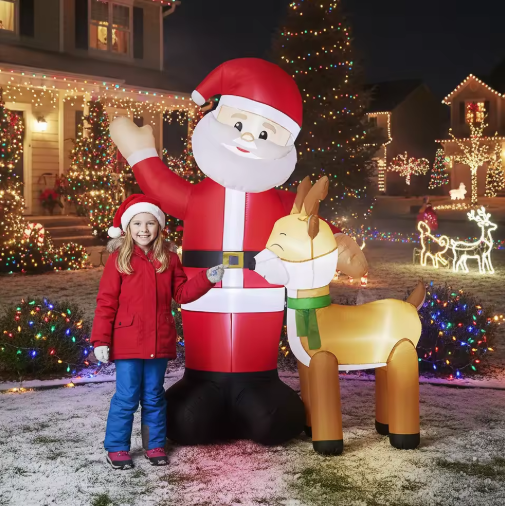 1.9M Light-Up Inflatable Santa & Reindeer Christmas Decoration
