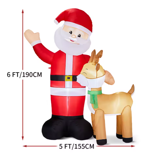 1.9M Light-Up Inflatable Santa & Reindeer Christmas Decoration