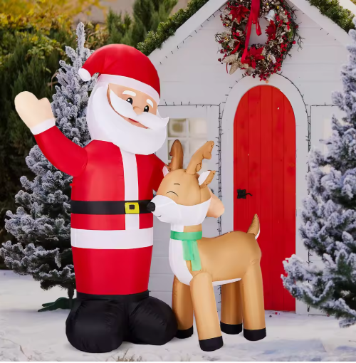 1.9M Light-Up Inflatable Santa & Reindeer Christmas Decoration