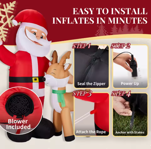 1.9M Light-Up Inflatable Santa & Reindeer Christmas Decoration