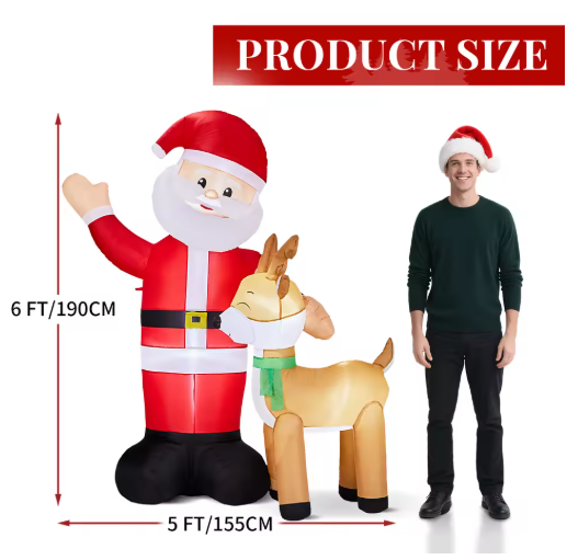 1.9M Light-Up Inflatable Santa & Reindeer Christmas Decoration