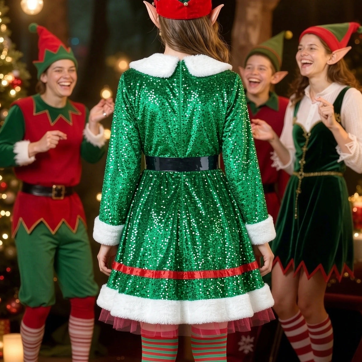 🌟 Ladies Sparkly Christmas Elf Costume – 5-Piece Set 🌟