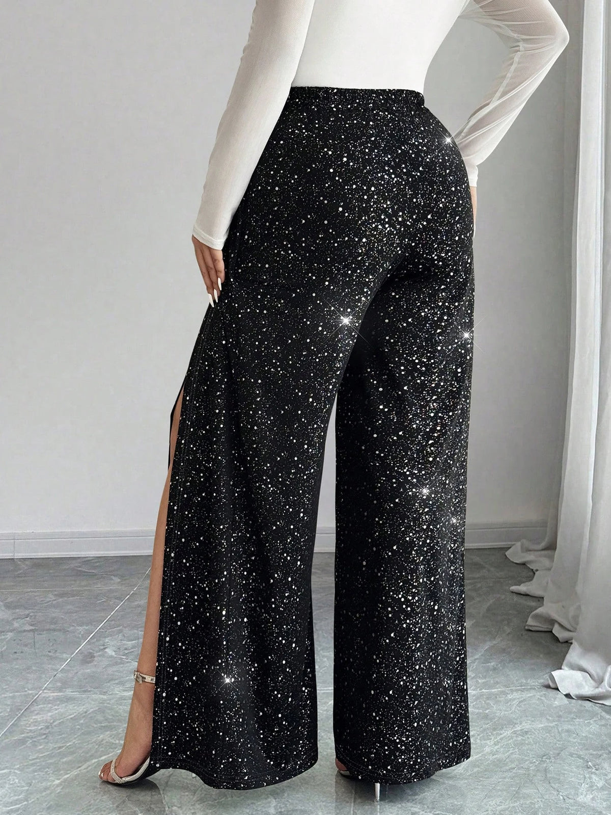 🌟 Plus Size Sparkly Wide Leg Trousers with Side Splits 🌟