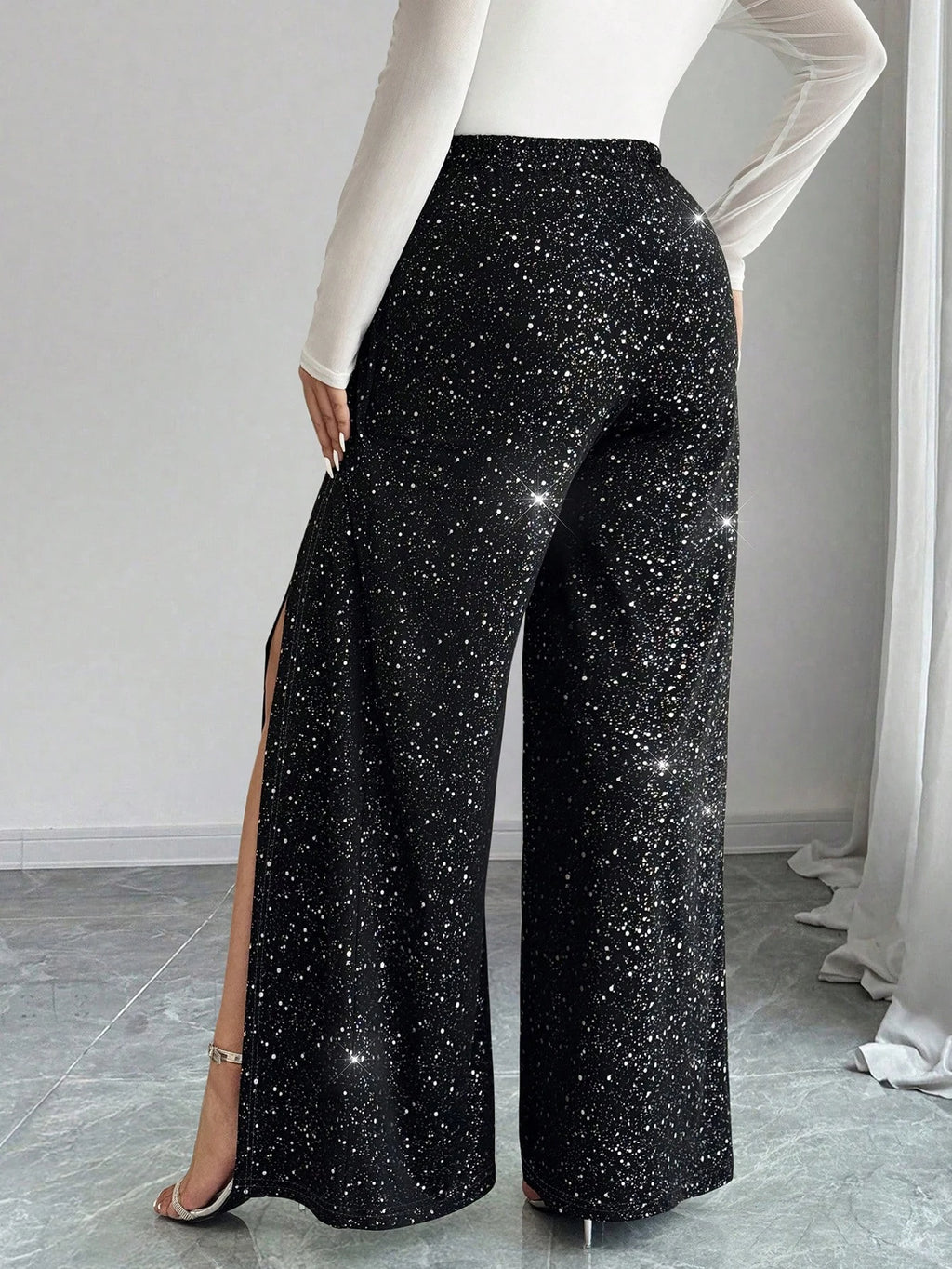 🌟 Plus Size Sparkly Wide Leg Trousers with Side Splits 🌟