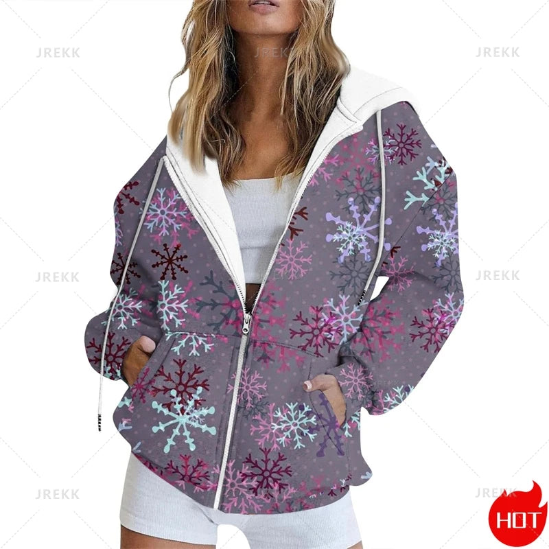 🌟 Women's Festive Christmas Print Zip-Up Jacket – Casual Long Sleeve Cardigan 🌟