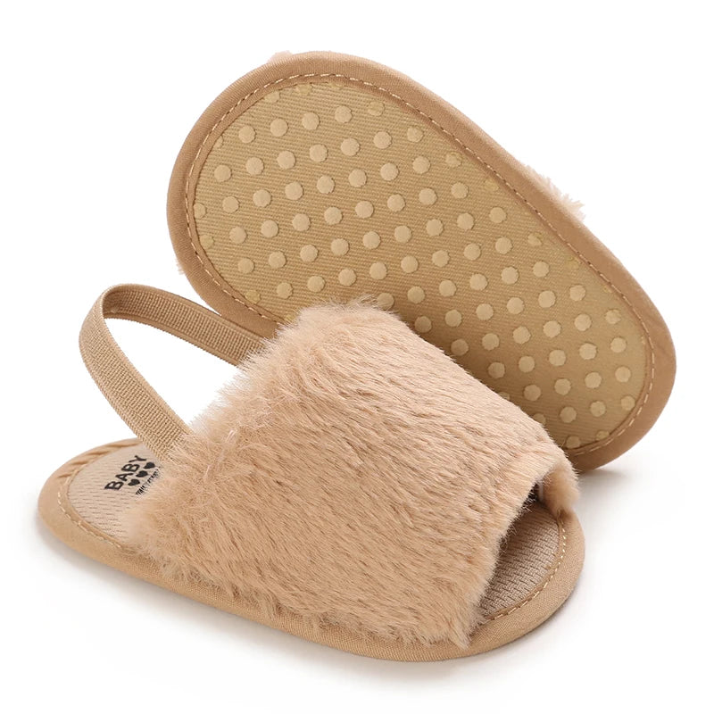 🌟 Baby Fluffy Faux Fur Slippers – Soft Sole Cosy Sandals (0–18 Months) 🌟