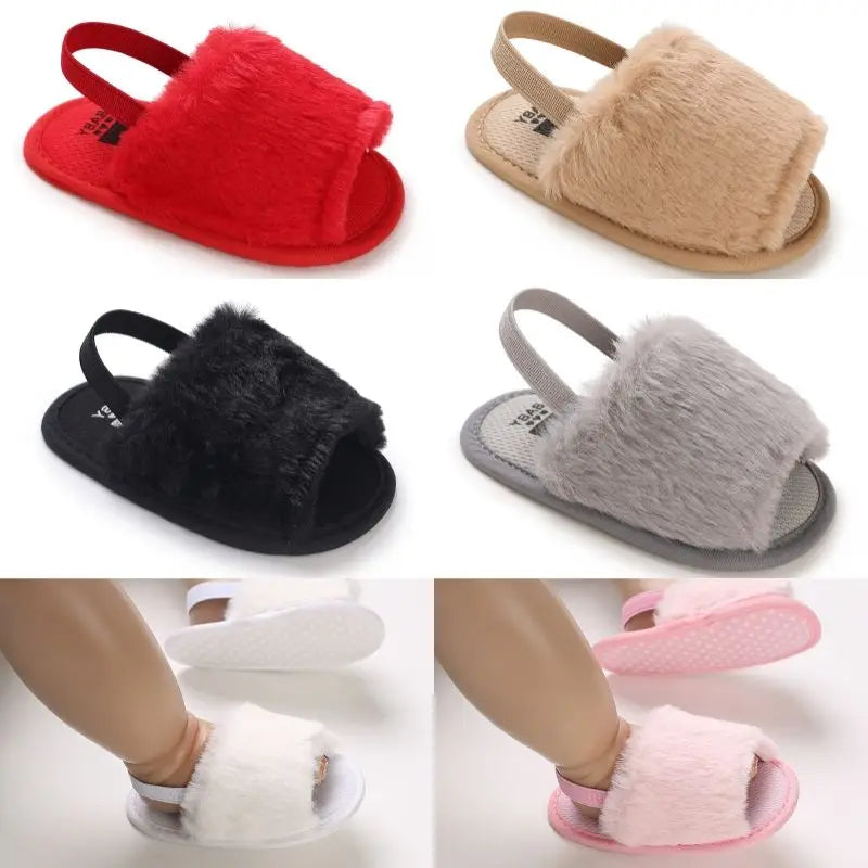 🌟 Baby Fluffy Faux Fur Slippers – Soft Sole Cosy Sandals (0–18 Months) 🌟