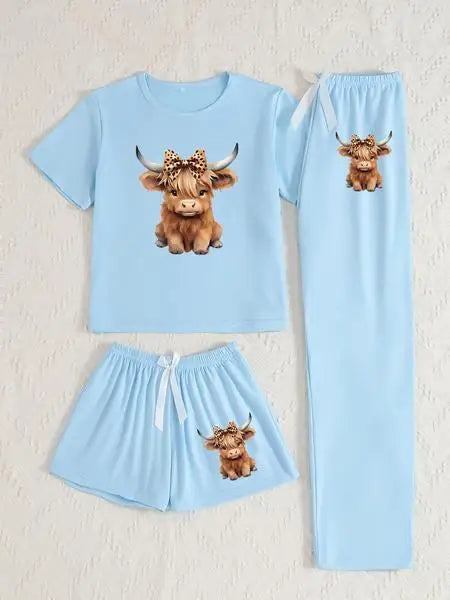 🌟 Ladies Highland Cow Print Pyjama Set – 3 Piece Nightwear 🌟