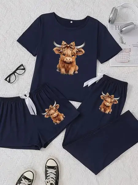 🌟 Ladies Highland Cow Print Pyjama Set – 3 Piece Nightwear 🌟
